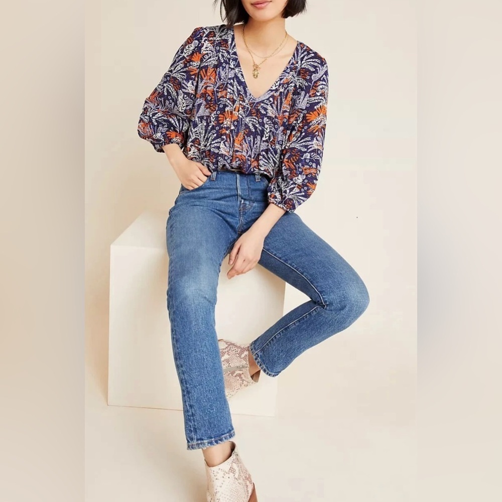 Maeve by Anthropologie Blue and Orange Cathy Pleated Blouse - Size S